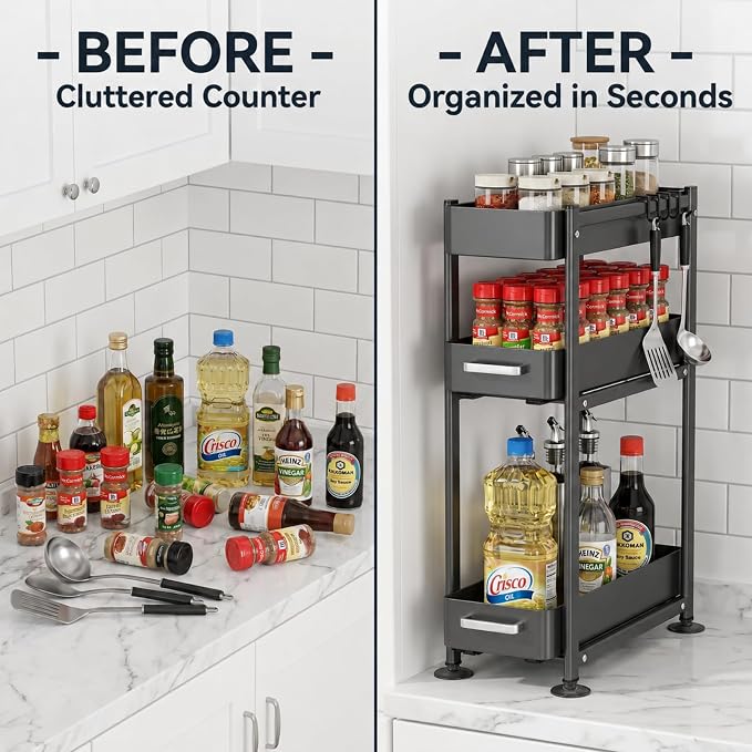 3-Tier Countertop Organizer, Pull Out Spice Rack, Transforming a Cramped, Unusable Space Into a Storage Area, With Suction Cup Feet and 4 Hooks, For Tall Bottles, Condiments and Spices - Image 4
