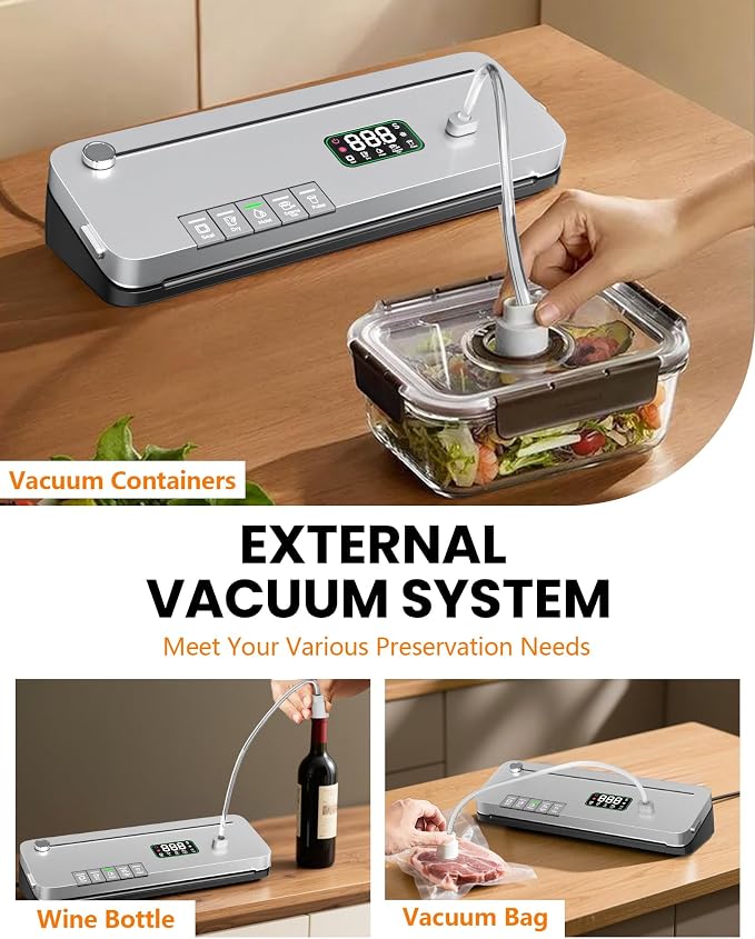 Food Vacuum Sealer Machine 75kPa, Built-in Cutter, Pulse Function, Digital Timer Dry/Moist Modes, External Vacuum for Jars, 20 Bags Included, Compact Design for Meal Prep Sous Vide and Bulk Storage - Image 6