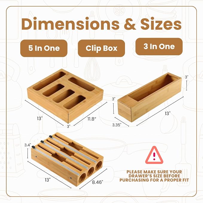 9 in 1 Storage Bag Organizer for Kitchen Drawer, Bamboo Foil and Plastic Wrap Dispenser with Cutter, Food Storage Bag Organizer for Quart, Gallon, Sandwich & Snack Bags, Aluminum Foil Organizer - Image 2