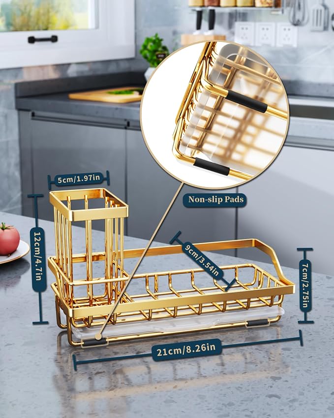 Consumest Sink Caddy, Kitchen Sponge Holder with Dish Brush Holder, Kitchen Sink Organizer with Drip Tray for Countertop, Stainless Steel Rustproof - Gold - Image 6