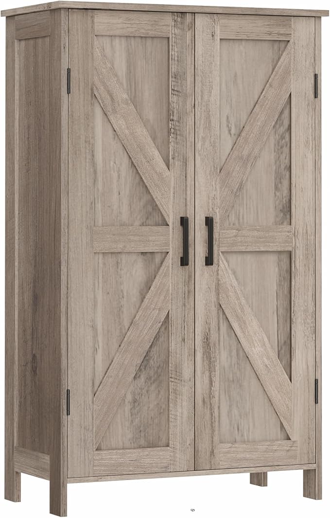 Homleke 43.3" H Farmhouse Bathroom Storage Cabinet with Adjustable Shelves | Freestanding Storage Cabinet with Barn Doors for Bathroom, Kitchen, Living Room, Dining Room & Entryway, Greige - Image 9