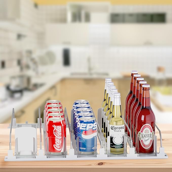 Drinks Organizer for Fridge and Pantry, Soda Can and Bottle Dispenser for Refrigerator with Automatic Pusher Glide, 5 Rows Holds Up to 25 Cans by OKITCHEN