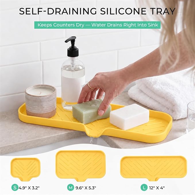 MicoYang Silicone Soap Dish with Drain Spout — Self-Draining Double Sink Organizer Tray for Kitchen & Bathroom, Dispensers, Sponges & Soap Holder, Non-Slip & Dishwasher Safe, Yellow (Large, 12"×4") - Image 8