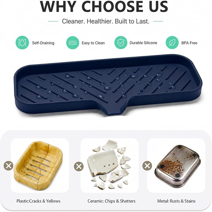 MicoYang Silicone Soap Dish with Drain Spout — Self-Draining Double Sink Organizer Tray for Kitchen & Bathroom, Dispensers, Sponges & Soap Holder, Non-Slip & Dishwasher Safe, Navy Blue (Large, 12"×4") - Image 3