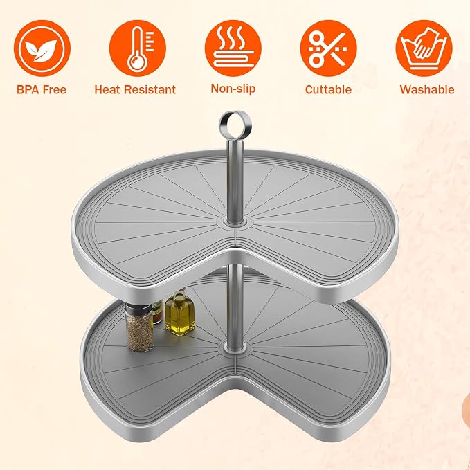 2 PCS 26.5" Lazy Susan Shelf Liner, Silicone Lazy Susan Liner, Non-Slip and Heat-Resistant, Dual Tier Pie Cut Organizer for Drawer Refrigerator Cupboard Cabinet Organizers(Gray) - Image 7