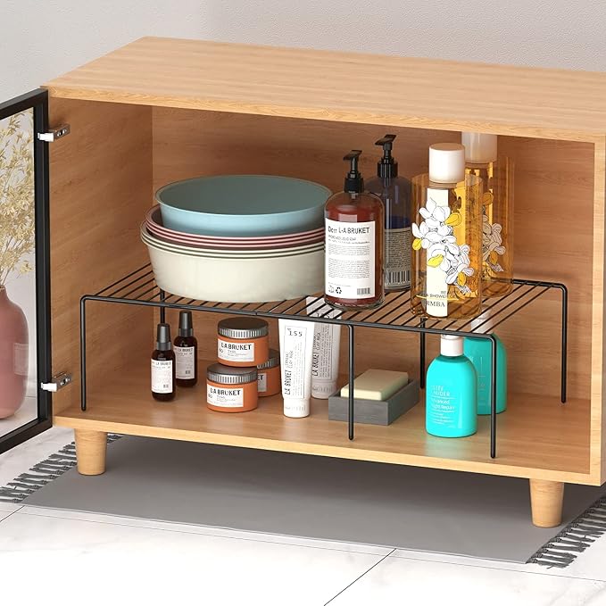 Kitchen Cabinet Expandable Shelf Organizers Set of 6, Adjustable Metal Wire Pantry Storage Shelves, Plate Dish Organizer Rack for Cabinets, Cupboard, Counter, Freezer, Countertop, Black - Image 6