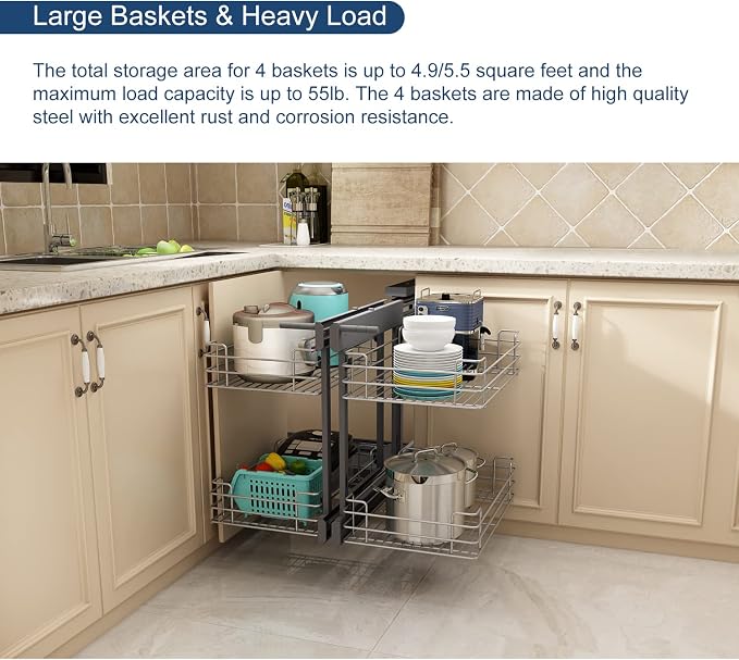 VADANIA Blind Corner Pull Out Organizer for 36" Cabinet, Soft Close | Reversible Left or Right Mount, 15.94" Opening, 2-Tier Pull-Out Basket, Soft Close - Image 4