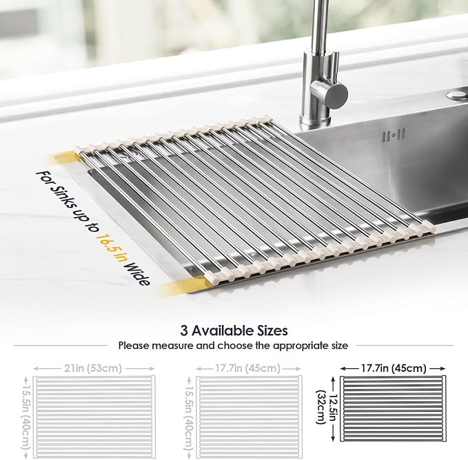 Tomorotec Roll Up Dish Drying Rack Over Sink, 304 Steel, 17.7x12.5, White | Anti-Slip Silicone Rims For Grip, Heat-Resistant Trivet Mat Holding Heavy Cookware, Rustproof Kitchen Counter Space Saver - Image 4