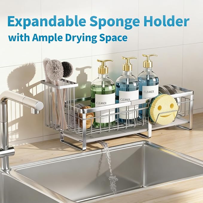 Extra Large Extendable Sponge Holder for Kitchen Sink Caddy Organizer | Rustproof Sink Caddy Organizer with High Brush Holder, Dish Soap Dispenser Organizers and Storage (Black) - Image 5