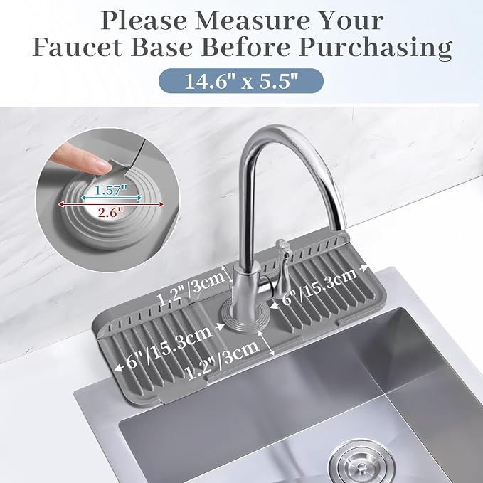 PoYang 14.6 Inch Faucet Mat for Kitchen Sink Splash Guard, Silicone, Grey | Sink Protectors with 7° Slope for Smooth Drainage, Snap Button Holds It in Place, 90° Foldable & Cuttable Hole Fit Most Sinks - Image 3