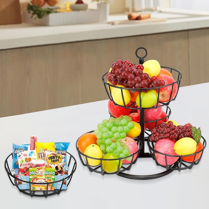 Livabber Fruit Basket Bowl, Metal Fruit Vegetable Storage Basket for Kitchen Counter, Large Capacity Vegetable Holder Rack Detachable Organizer for Bread Snack Produce (Black, 5-Tier Metal Base) - Image 7