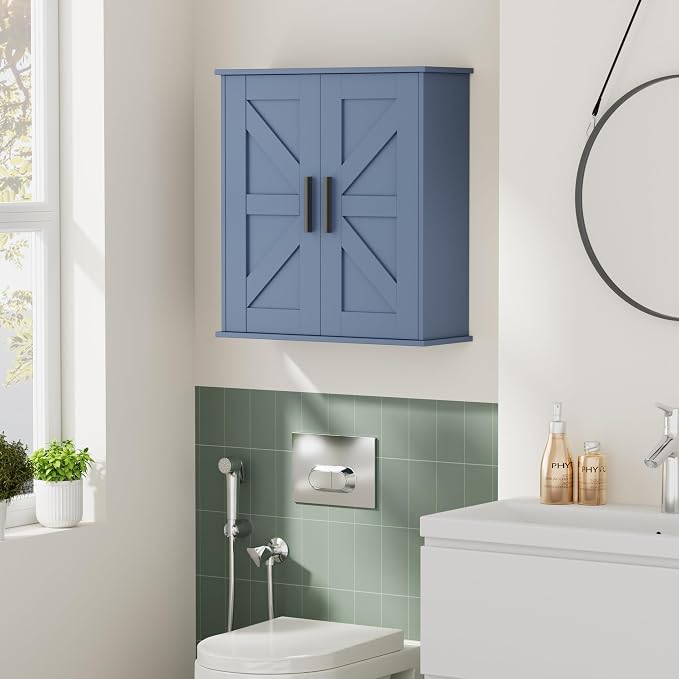 Homleke Bathroom Wall Cabinet, Medicine Cabinet with Adjustable Shelves | 3-Tier Wall Mounted Over Toilet Storage with Barn Doors, for Bathroom, Kitchen, Entryway, Laundry Room, Blue, (7.9" D) - Image 7