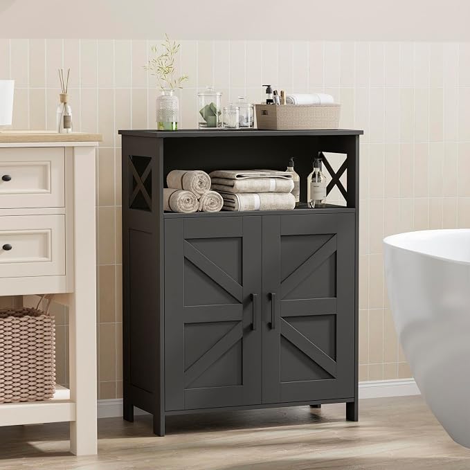 Homhedy Farmhouse Bathroom Storage Cabinet with Doors, Small Floor Cabinet | Toilet Paper Cabinet with Adjustable Shelf, Freestanding Storage Cabinet for Kitchen/Laundry/Living Room, 24"W, Black - Image 9