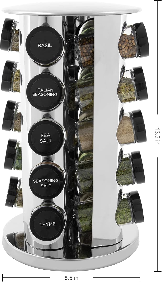 Kamenstein Revolving Countertop Spice Rack with Spices Included, FREE Spice Refills for 5 Years, Polished Stainless Steel with Black Caps, 30020, 20 Jar (Pack of 3) - Image 3