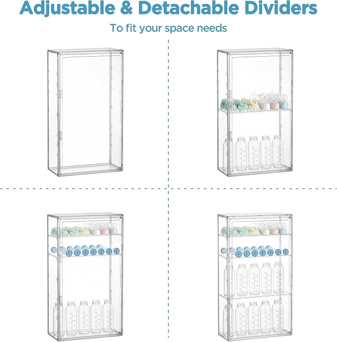 HBlife Baby Bottle Storage Organizer for Wall Countertop Cabinet, 4 Tiers Adjustable Clear Acrylic Bottles Storage Station Case Box Container with 3 Removable Dividers and Magnetic Door, Large - Image 7