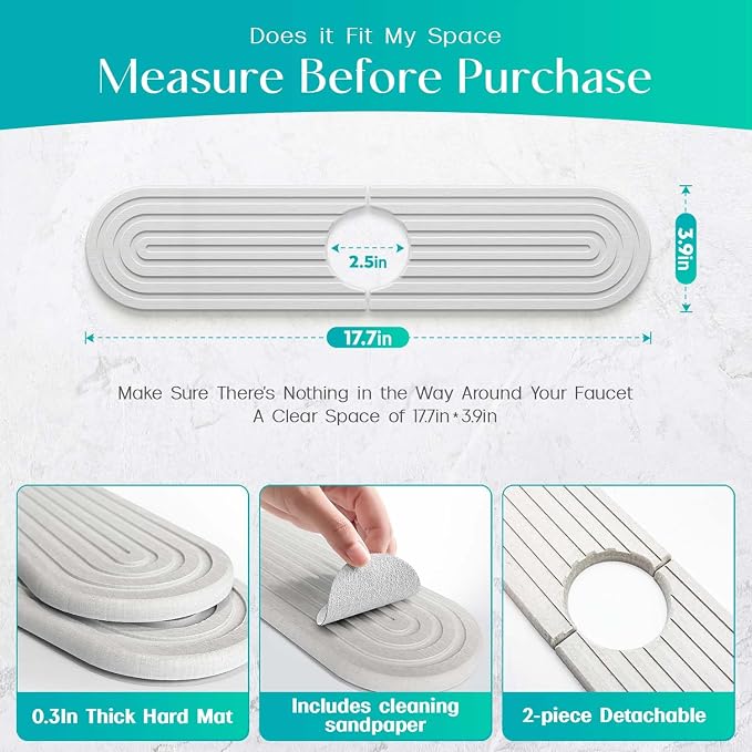Stone Faucet Mat for Kitchen Sink – Diatomite Fast-Drying Stone Tray, Faucet Mat Sink Splash Guard, Decorative Sink Protector for Kitchen Bathroom Counter [Light Grey, 17.7''x3.9''] - Image 4