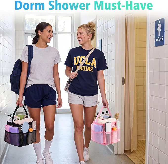 EUDELE 2 Pack Mesh Shower Caddy Portable for College Dorm Room Essentials, Shower Caddy Dorm with 9-Pocket Large Capacity,Shower Bag for Beach,Swimming,Gym All Black+All Purple - Image 2