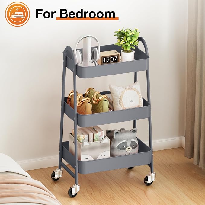 NEWBULIG 3-Tier Metal Rolling Cart with Lockable Wheels, Heavy Duty Mobile Utility Storage Shelf, Roller Book Snack Cart, Grey | Mobile Organizer Shelf, Space-Saving, Freestanding, Bathroom, Living Room, Slim, Narrow Corner Spaces, Grey - Image 7