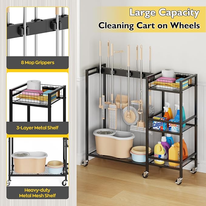 Broom Holder with Cleaning Supplies Organizer, Movable Broom Closet Storage Cabinet with Cleaning Caddy, Cleaning Cart with Mop Rack, Janitorial Housekeeping Cart on Wheels, Laundry Room Organization - Image 5
