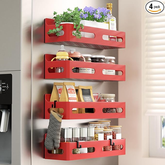4-Pack Magnetic Spice Rack for Refrigerator with Hooks, Red | Strong multipurpose magnetic shelf for kitchen & bathroom organization. Includes 4 removable hooks for hanging items. by Sevenblue