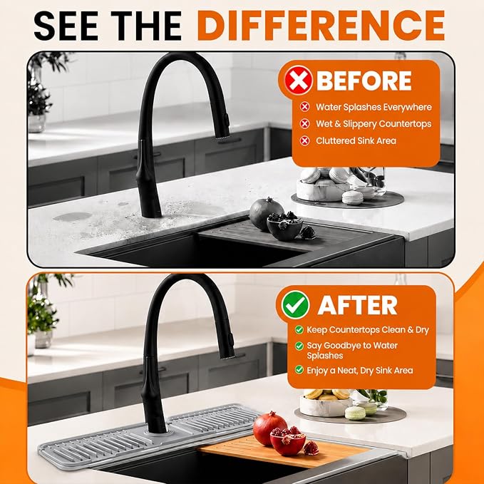 24 Inch Silicone Faucet Mat for Kitchen Sink Splash Guard, W/Sink Baffle | BPA-free silicone, Heat-resistant, non-slip, and built to withstand daily kitchen use, dishwasher safe and simple to rinse - Image 8