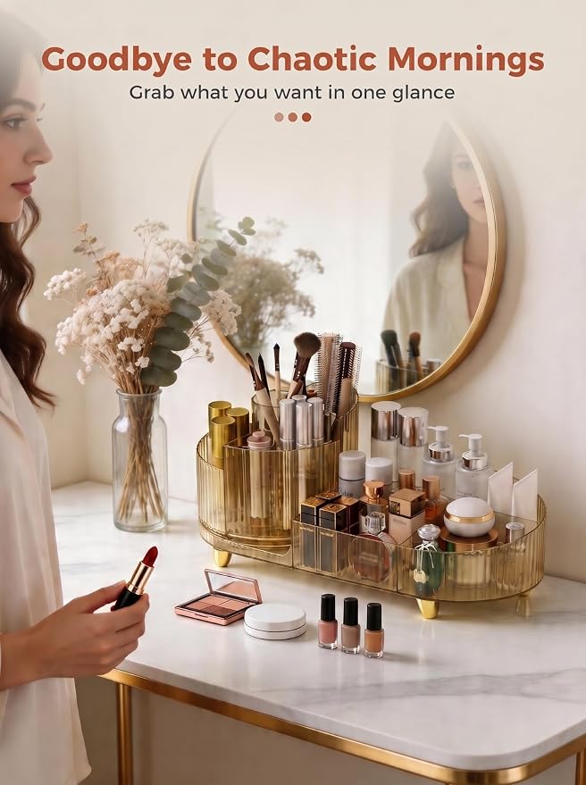 Booklov Rotating Makeup Organizer for Vanity Countertop, Amber | Clear Acrylic Cosmetic Display Case, Large Beauty Brush Holder for Bathroom Counter, Skincare Lipsticks Storage - Image 5
