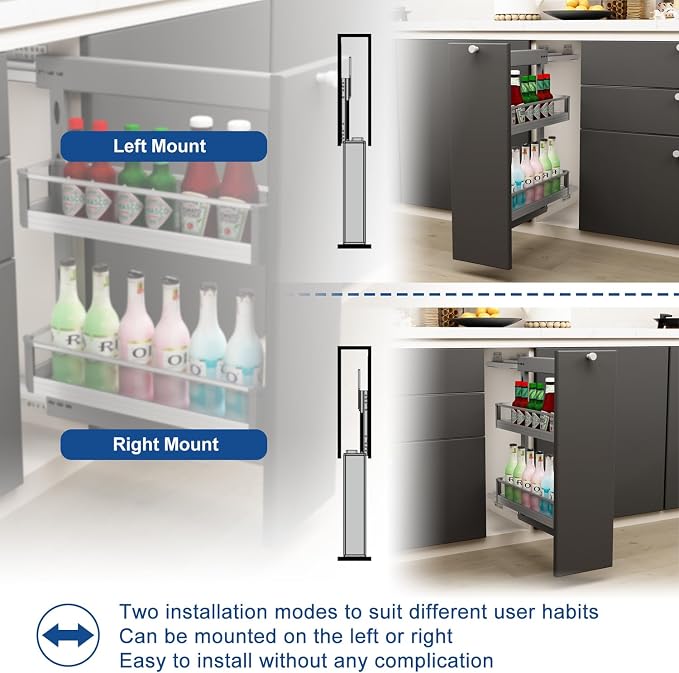 VADANIA Narrow Pull Out Cabinet Organizer, For 10" Base Cabinets | 2-Tier Slim Cabinet Storage with Glass Side Panels, Soft Close Full-Extension Slides, Reversible Left or Right Side Mount - Image 5