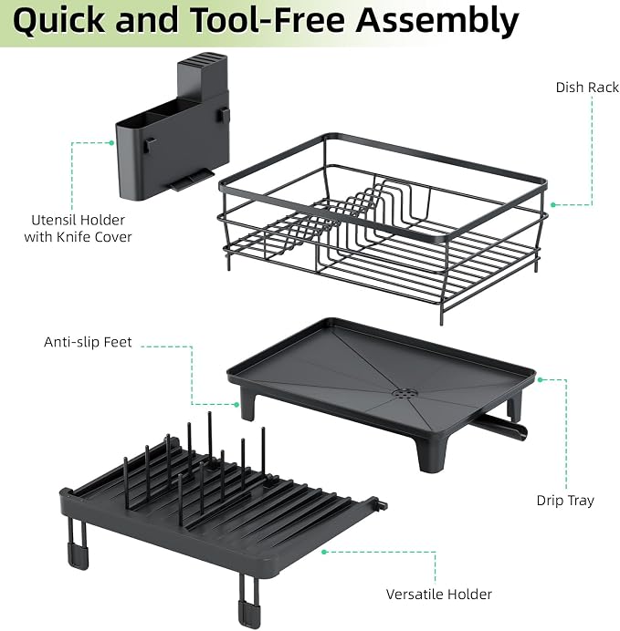 TOOLF Expandable Dish Drying Rack for Kitchen Counter, Black | Extendable 12"-22"W, Fast Draining, Large Capacity, Fits Large Plates, Utensil Holder, 3-4 People Family - Image 8