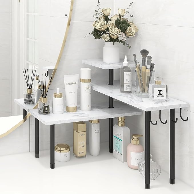 Bathroom Counter Corner Shelf, 3 Tier Kitchen Countertop Organizer for Over The Sink, Make Up, Dresser Table, White Marble by Homode