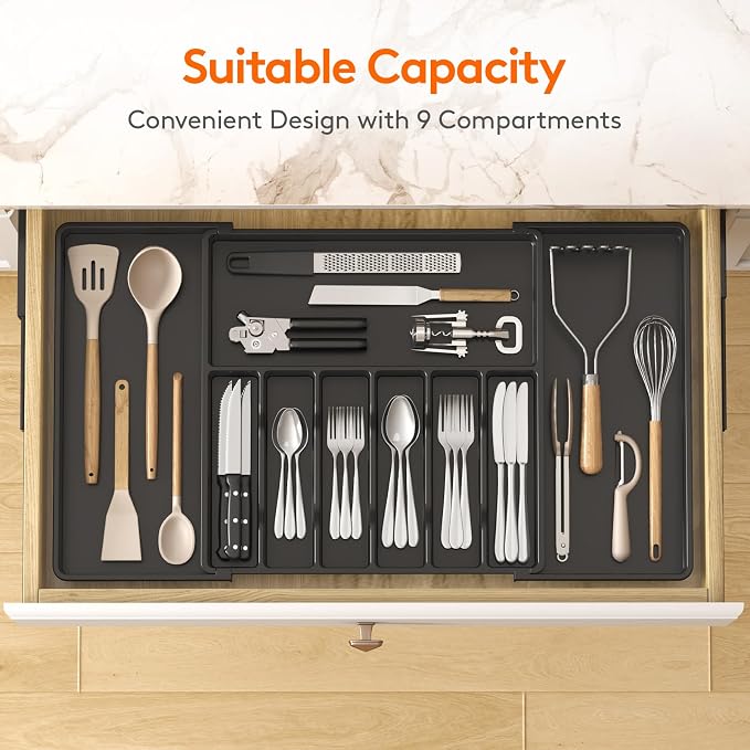 Lifewit Extra Large Silverware Drawer Organizer, Expandable Utensil Tray | BPA Free Flatware Cutlery Holder for Kitchen, Adjustable Plastic Storage for Spoons Forks Knives, 18- 33 x 18.5", Black - Image 3