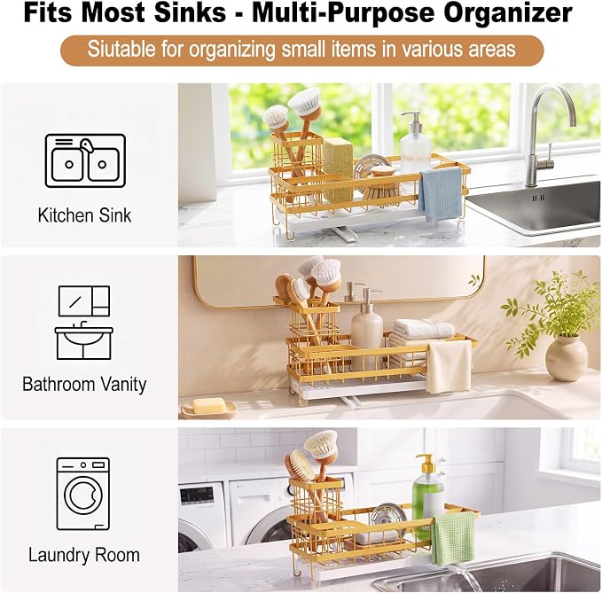 Sponge Holder for Kitchen Sink, Self-draining Sink Caddy, Gold | Metal Countertop Organizer with Towel Rack & Brush Holder, Rustproof Sink Storage Rack for Dish Soap and Cleaning Essentials - Image 9