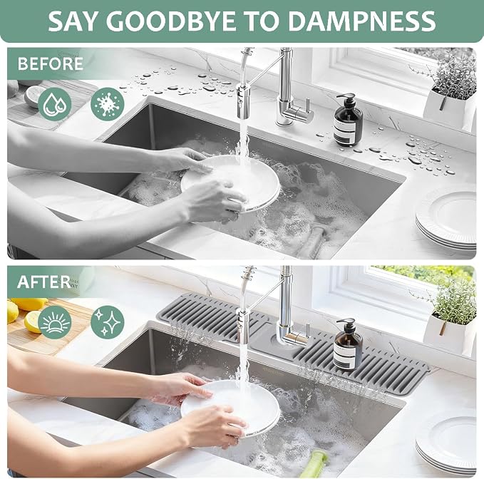 24 Inch Upgraded Draining Mat Folding Faucet Mat for kitchen sink Faucet Draining Mat with Button Lock Silicone Splash Guard faucet Pad for Kitchen Bathroom Bar(Grey) - Image 4