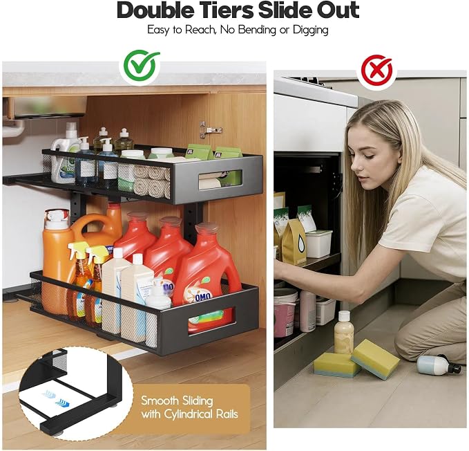 2 Packs 17IN Depth Under Sink Organizer, 2-Tier Pull Out Cabinet Organizer With Smooth Circular Rail, Large Capacity Metal Mesh Sliding Drawers For Bathroom& Kitchen Storage,Height Adjustable –Black - Image 7