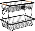 Fruit Basket Bowl 2 Tier Detachable with 2 Banana Hangers, Fruit Stand Holder for Kitchen Countertop, Metal Wire Vegetable Storage Organizer, for Bread Snack Veggies Produce, Black by Lawhood-Mijin