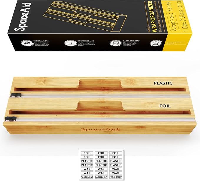 SpaceAid 2 in 1 Long Wrap Dispenser (Need 3" Deep Drawer) with Cutter, Plastic Wrap, Aluminum Foil Dispenser for Kitchen Drawer, Bamboo Roll Organizer Holder, Compatible with 15" Roll by SpaceAid