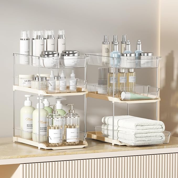 Delamu 2 Pack 3-Tier Bathroom Under Sink Organizers and Storage, Multi-Purpose Stackable Pantry Organization and Storage, Pull Out Clear Kitchen Bathroom Cabinet Organizer with Movable Dividers, Beige - Image 5