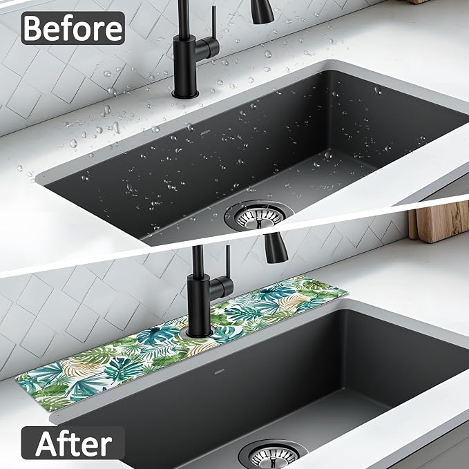 2PCS 24" X 5.5" Kitchen Sink Splash Guard Faucet Mat Leaf Super Absorbent Fast Drying Faucet Guard & Draining Mat Sink Splash Guard Behind Faucet for Kitchen, Bathroom - Image 7