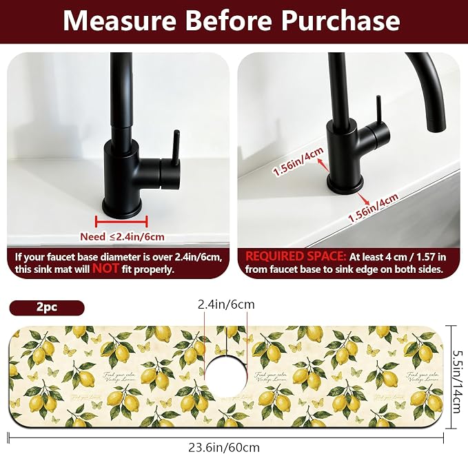 2 Pcs Kitchen Sink Splash Guard Faucet Mat Vintage Lemon Faucet Mat for Sinks Butterfly Absorbing Drying Mats for Kitchen Bathroom, 23.6x5.5inch - Image 2