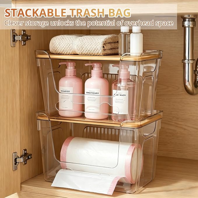 CANTAMI Plastic Trash Bag Dispenser with Lids, Stackable, 2Pack, 2XL | Clear Trash Bag Organizer for Kitchen, Laundry Room, Under Sink Organization and Storage - Image 3