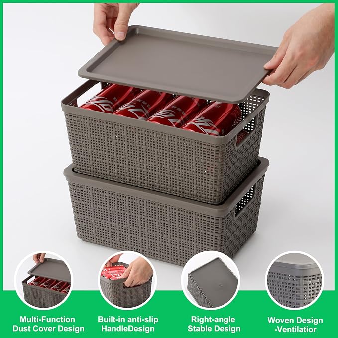 6 Pack Plastic Storage Baskets with Lid,Grey Stackable Bins | Durable Woven Plastic With handle Breathable,Save space,For Organizing Desktops, Closets, Playrooms, Classrooms, Offices - Image 4