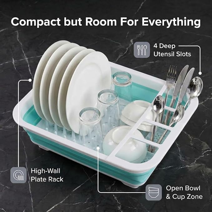 American Dream Collapsible Dish Drying Rack with Drainboard – Space-Saving Kitchen Dish Drainer with Utensil Holder, Blue - Image 5