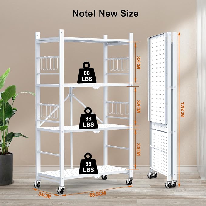 Himix 4-Tier Foldable Metal Storage Shelf with Wheels Kitchen White | Metal collapsible organization, Folding shelves rack, Wire shelving, Garage, Unit rolling cart, No assembly, Holds 352 Ibs - Image 3