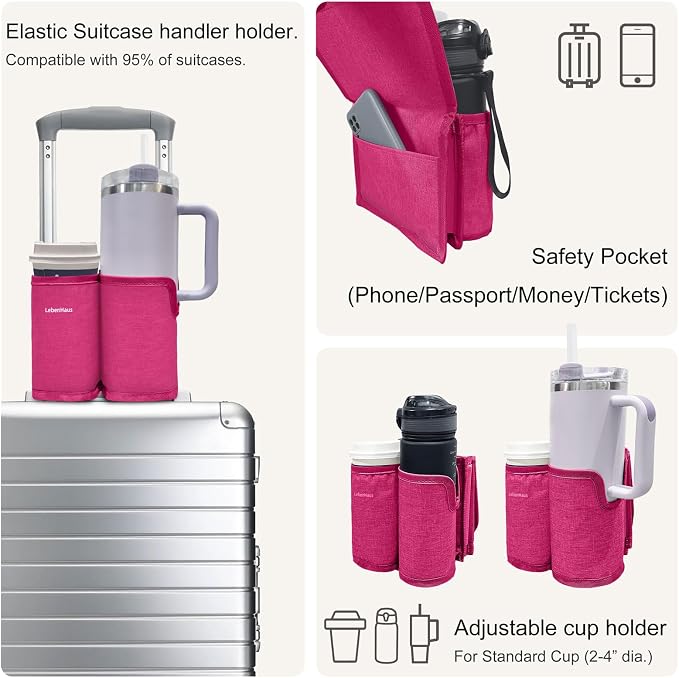 2 in 1 Luggage Cup Holder for Suitcase Airplane Drink Carrier Travel (Pink) | airplane cup holder|washable material|portable|for stanley cup|Hands Free|Coffee Beverage Organizer Gifts for Travelers - Image 3