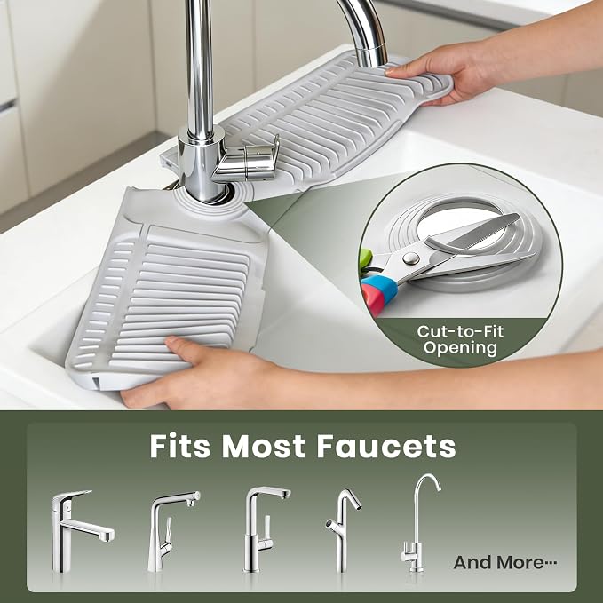 24 Inch Faucet Mat for Kitchen Sink, Silicone Splash Guard for Kitchen Sink Area, 7° Slope Fast Self-Draining Sink Mat, Cuttable Hole Design, Sink Backsplash Guard Draining Mat, Grey - Image 5
