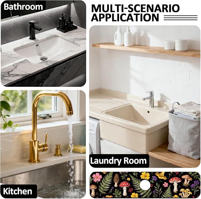 2 Pcs Kitchen Sink Splash Guard Faucet Mat Colorful Mushrooms and Flowers Pattern Faucet Mat for Sinks Leaves Absorbing Drying Mat for Kitchen Bathroom, 23.6x5.5inch - Image 7