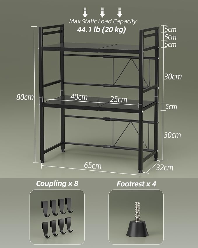 3 Tier Expandable Microwave Stand countertop,Microwave Oven Rack,2Pcs | microwave shelf, storage shelves for pans &appliances,Adjustable partition height，55 Lbs load Per Tier,Black - Image 3