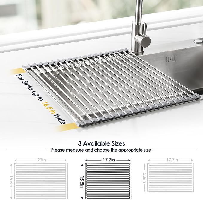 Tomorotec Roll Up Dish Drying Rack Over Sink, 304 Steel, 17.7x15.5, Grey | Anti-Slip Silicone Rims For Grip, Heat-Resistant Trivet Mat Holding Heavy Cookware, Rustproof Kitchen Counter Space Saver - Image 2