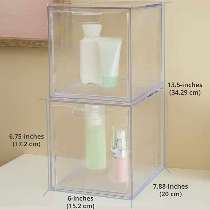 STORi Audrey Stackable Bin Clear Plastic Organizer Drawers | 2 Piece Set | Organize Cosmetics and Beauty Supplies on a Vanity | Made in USA (Pack of 6) - Image 3