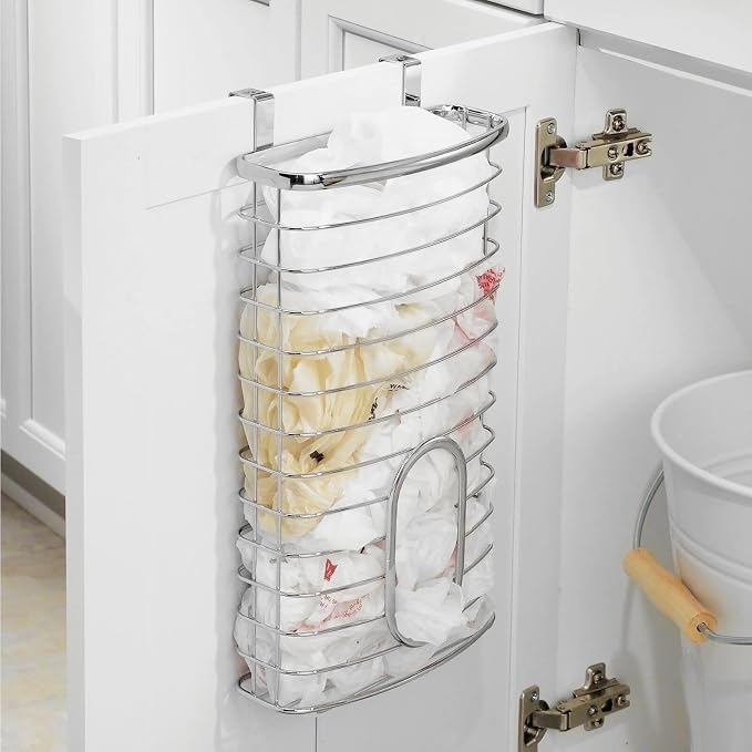 mDesign Steel Hanging Cabinet Storage Organizer Holder for Kitchen, Pantry - Holds Plastic, Sandwich, Garbage, Grocery and Trash Bags; Wrap, Foil, Pack - Spira Collection - Chrome - Image 3