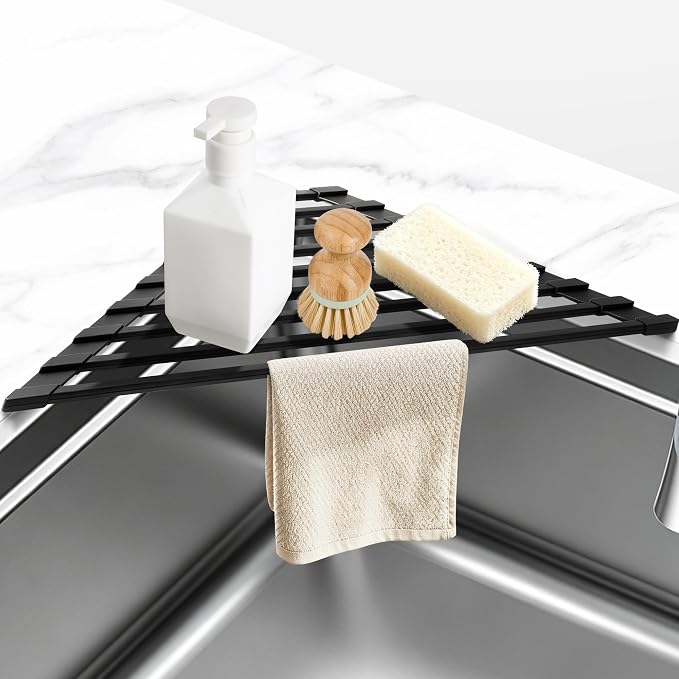 Small Foldable Triangle Roll Up Dish Drying Rack for Sink Corner, Black | Collapsible Stainless Steel with Silicone Coated Over Sink Rack, Space Saving Kitchen Sink Caddy Organizer for RV & Camper - Image 2